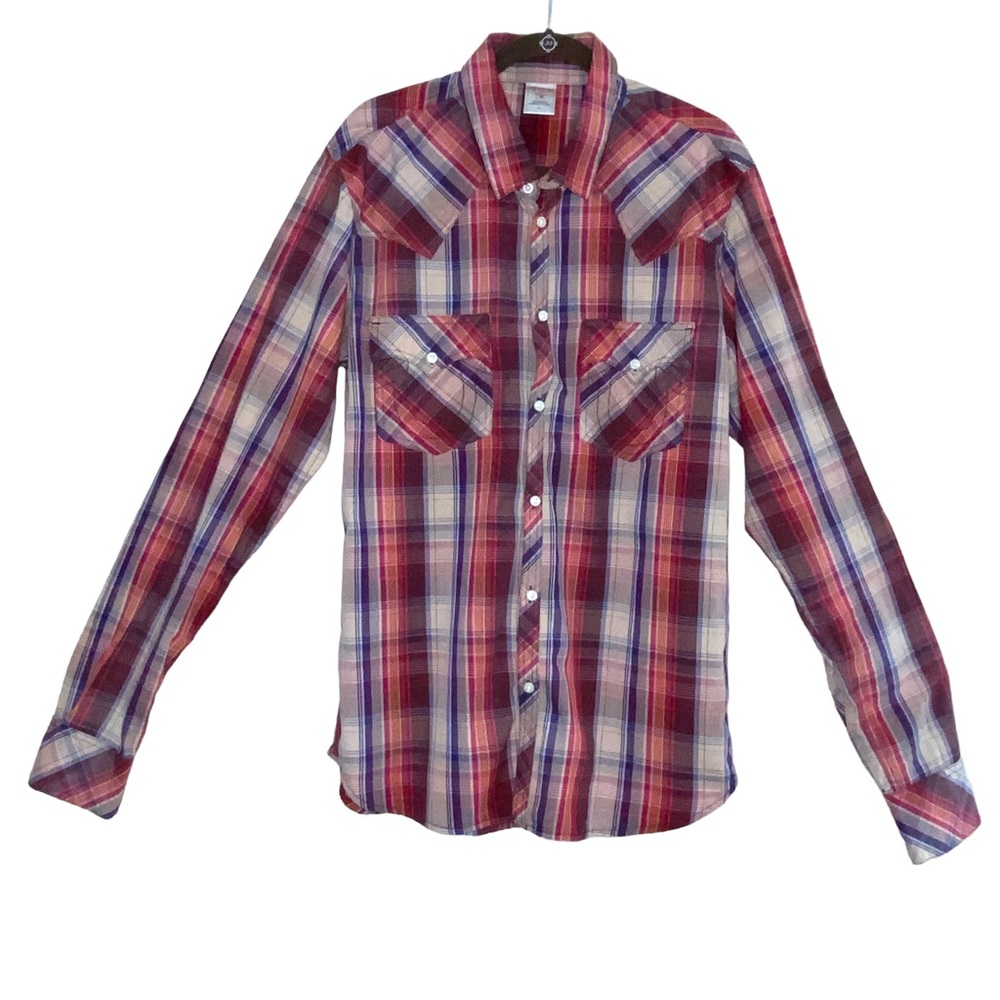 True Religion Plaid Long Sleeve Button Down Orange Brown Shirt